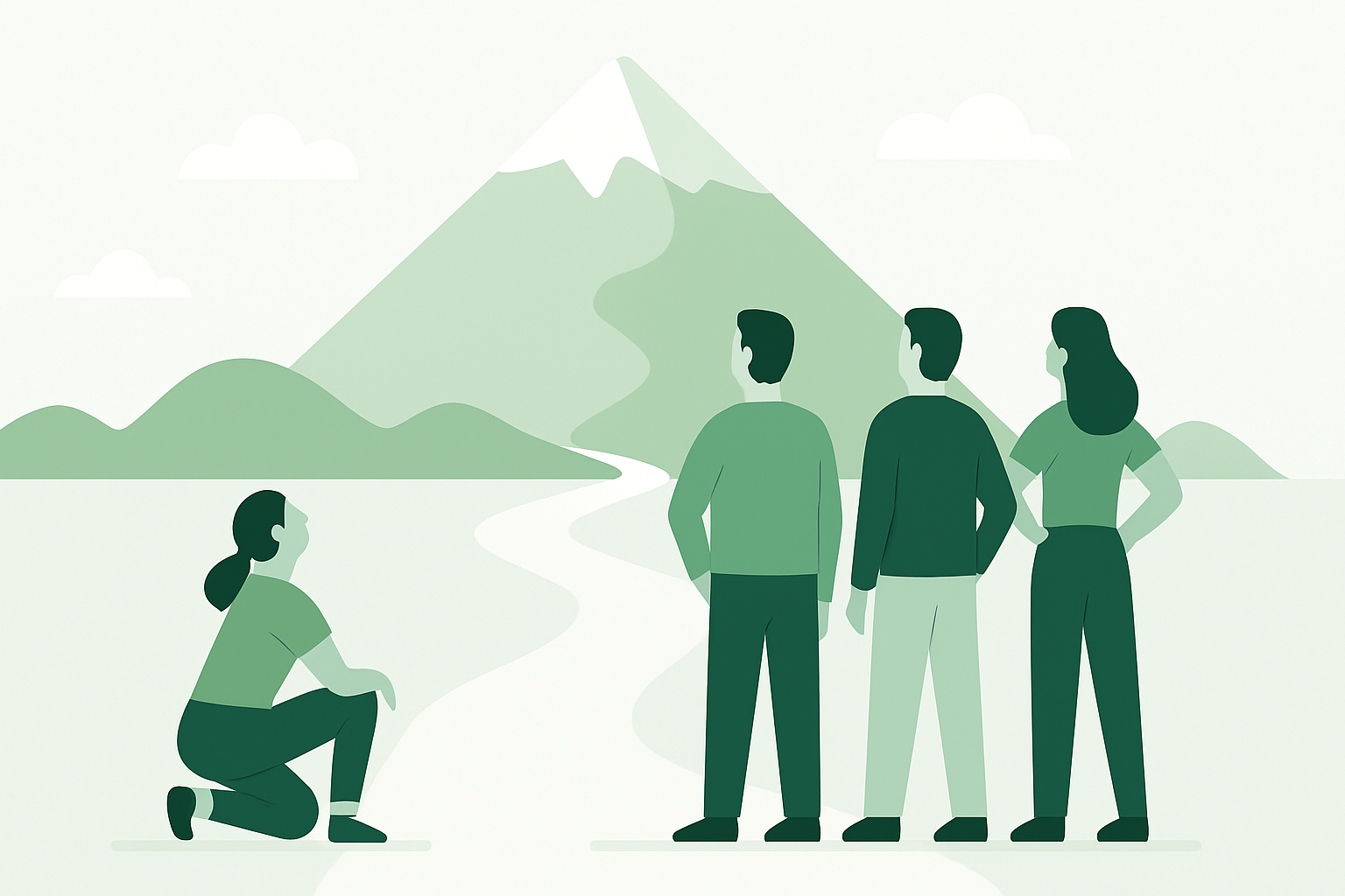 Groep mensen die samen naar een berg kijken, klaar voor de uitdaging